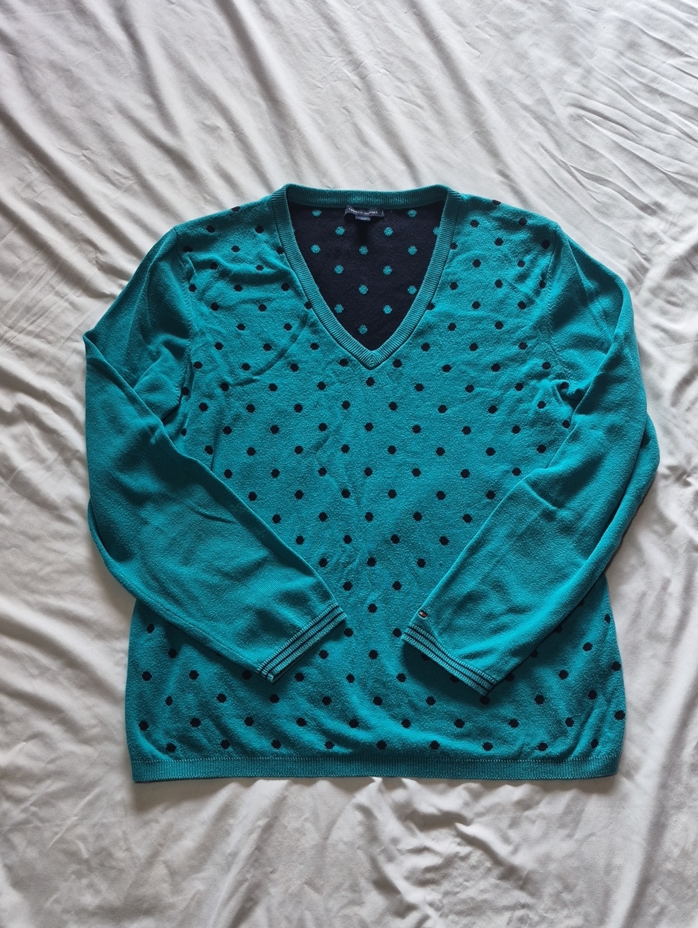 Y2K Tommy Hilfiger Teal V-Neck Polka Dot Sweater Size Lg 100% Cotton